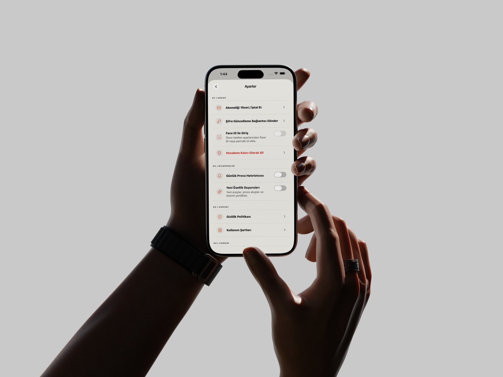 AuditionLab iPhone uygulamasında prova hatırlatıcıları ve biyometrik güvenlik ayarları