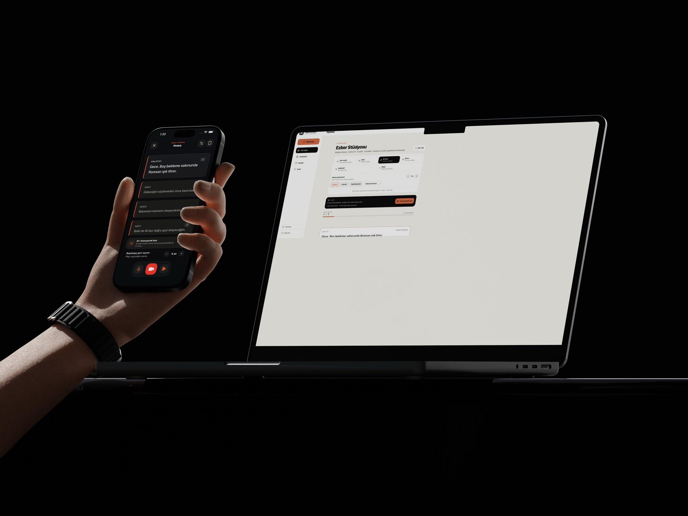 AuditionLab web Ezber Stüdyosu ve iPhone Canlı Prova ekranları